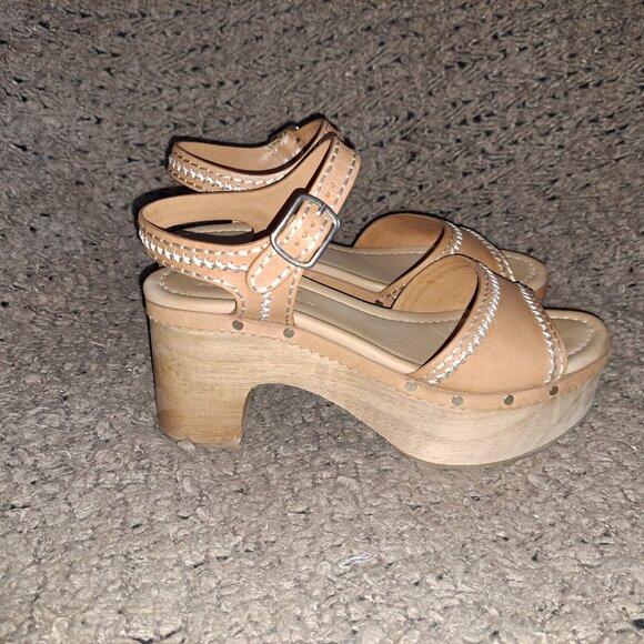 SANDRO-Audrey-Tan Leather-Contrast Stitch-Ankle Strap-Wood Heel-Sz 37/6.5-NM - Picture 4 of 9